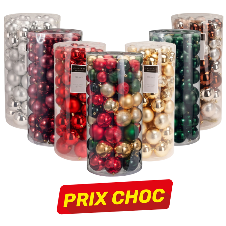 Clear cylindrical tubes filled with assorted Christmas bauble ornaments in red, gold, green, silver and copper with a 'PRIX CHOC' sale badge