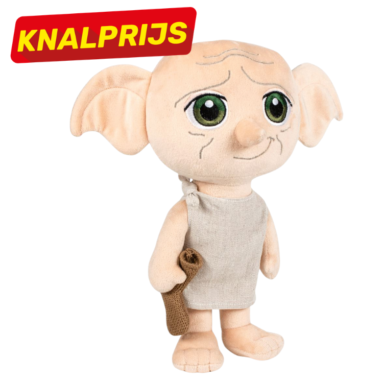 House-elf plush toy with large ears and green eyes, in a beige tunic holding a brown sock — soft collectible stuffed character