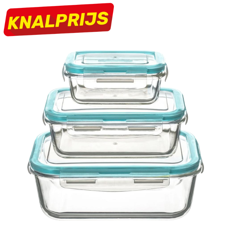Set of three rectangular glass food containers with turquoise airtight clip lids, stacked, KNALPRIJS promo badge