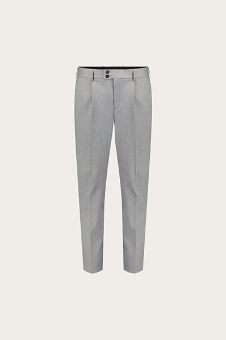 Light grey tailored men's pleated trousers with tapered legs and belt loops on neutral background