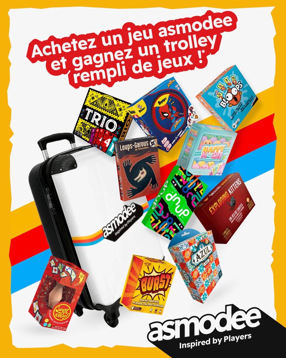 Asmodee promotion: white branded suitcase surrounded by assorted board game boxes including Azul and Exploding Kittens