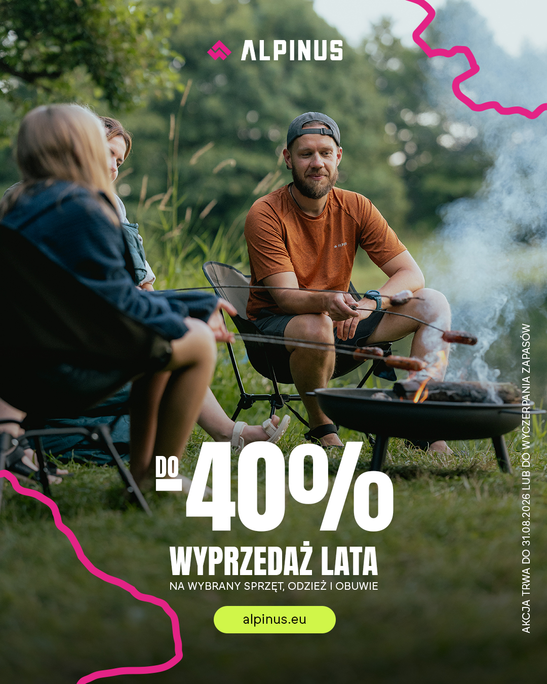 Group of campers around a fire as a man in an orange T‑shirt roasts sausages; Alpinus logo and 'up to 40% summer sale' overlay