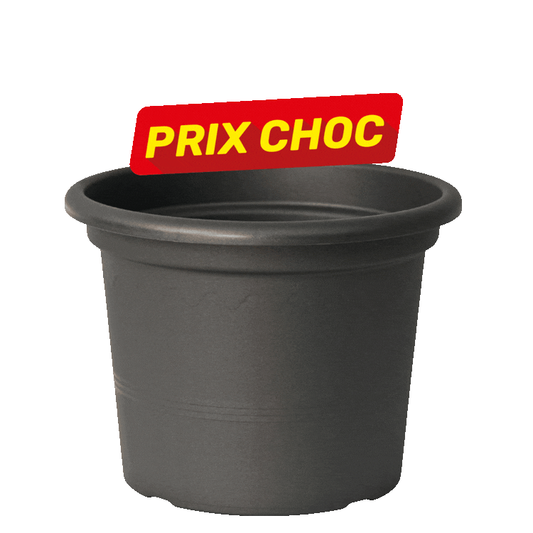Three plain round plastic plant pots in grey tones with red "PRIX CHOC" sale labels on a white background