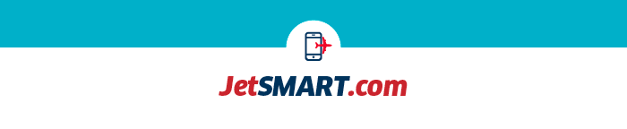 JetSMART.com logo showing mobile booking icon with airplane above red and blue brand text on white and teal background