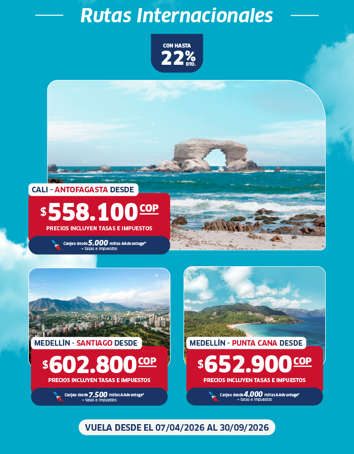 Promotional poster for international flight routes showing coastal scenes, route names, discounted COP fares and travel dates Apr 7–Sep 30 2026