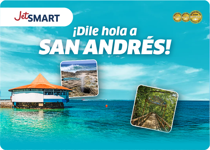 JetSMART ad: vibrant turquoise San Andrés sea with a seaside pavilion and inset photos of rocky blowholes and a mangrove boardwalk