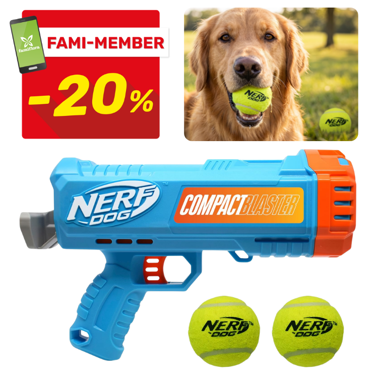 Nerf Dog Compact Blaster launcher with two tennis balls and golden retriever holding ball; 20% Fami-member discount