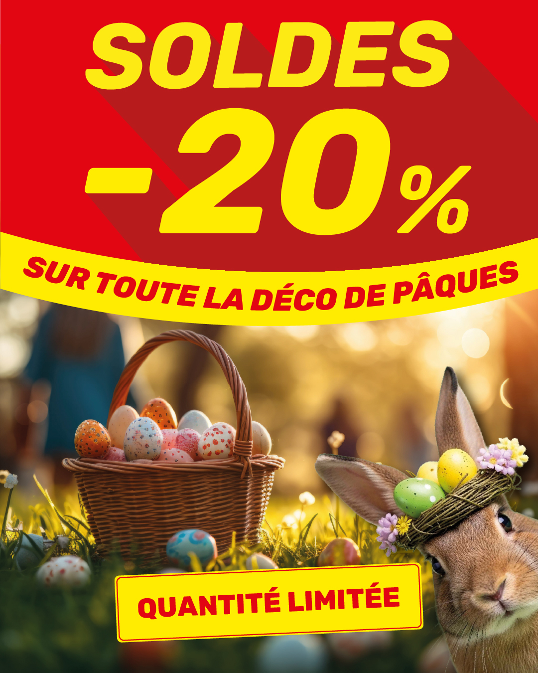 Easter -20% sale on decorations: basket of painted eggs and bunny with flowered egg crown, limited stock