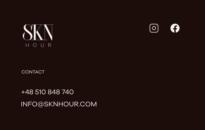 Dark brown banner with 'SKN HOUR' logo, Instagram and Facebook icons, contact phone +48 510 848 740 and email info@sknhour.com