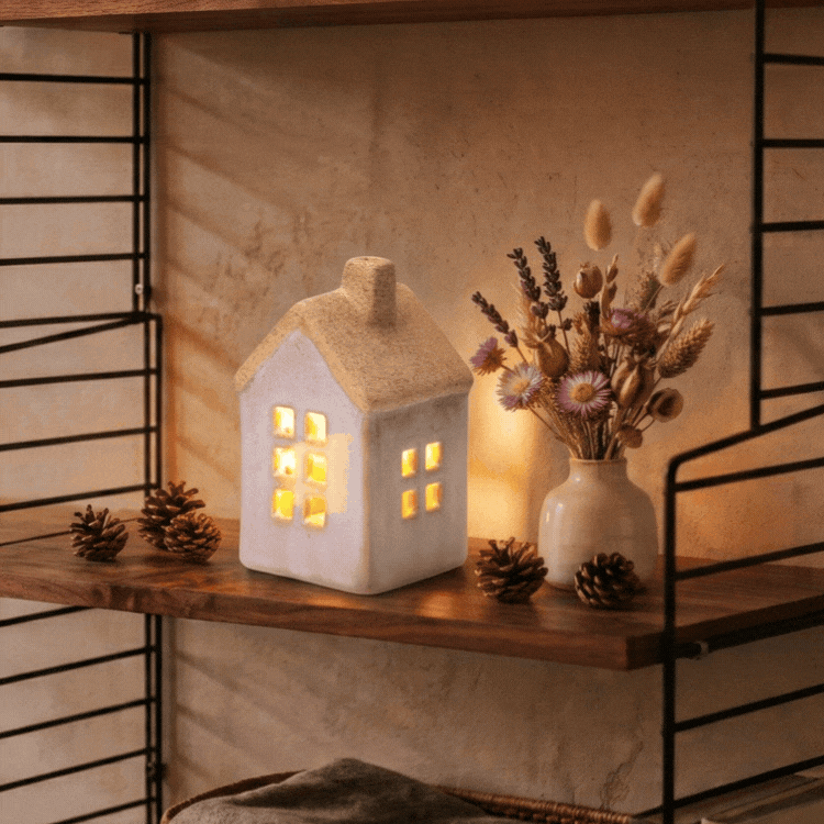 Four ceramic tealight house candles glowing on rustic shelving beside a vase of dried flowers and pinecones, cosy lighting