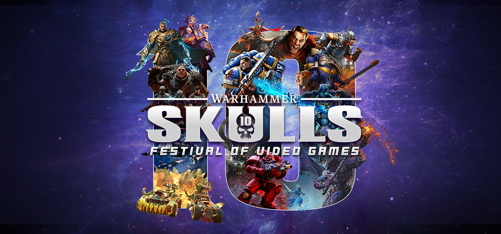 Warhammer Skulls festival of video games logo with assorted Space Marines and characters over a purple cosmic background