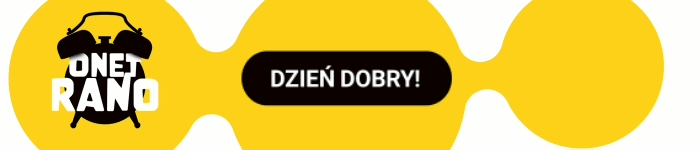 Powtarzający się wzór żółtych kół z logo One Rano i czarnymi napisami „Dzień dobry!”