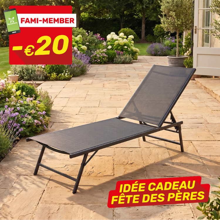 Black mesh reclining sun lounger on sandstone patio beside flowering garden, with red promotional labels showing -€20, Fami-Member and Father's Day gift idea