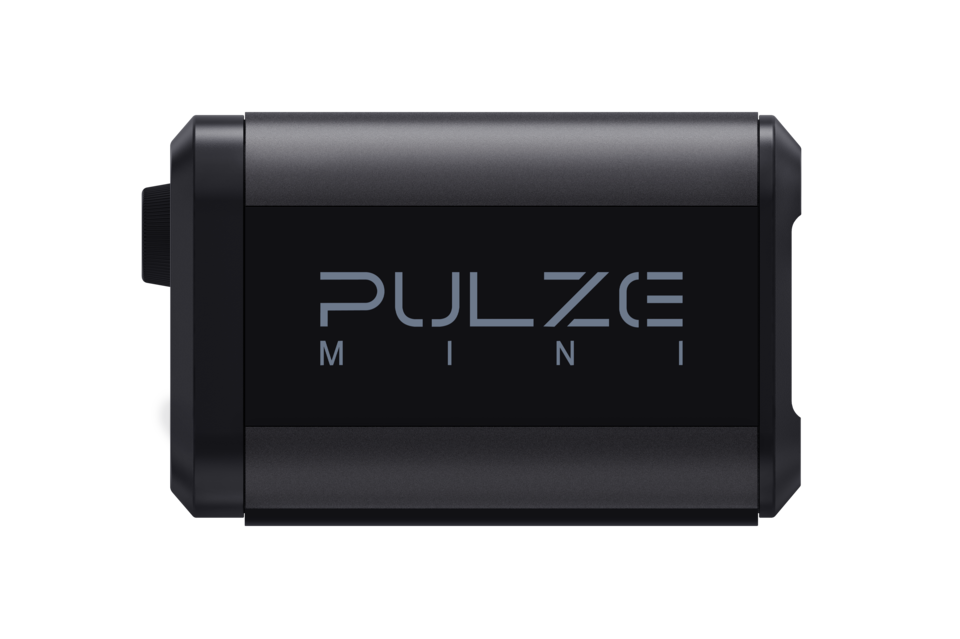 Black rectangular electronic device with grey "PULZE MINI" logo centred on a glossy panel, compact design on white background