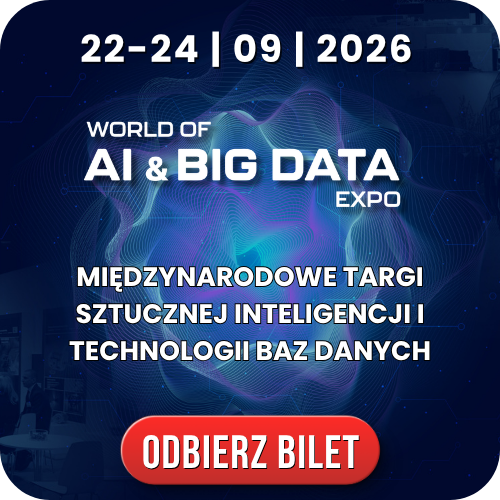 Banner for World of AI & Big Data Expo, 22–24 Sep 2026 — international AI and big data trade fair with red 'Odbierz bilet' (Get ticket) button