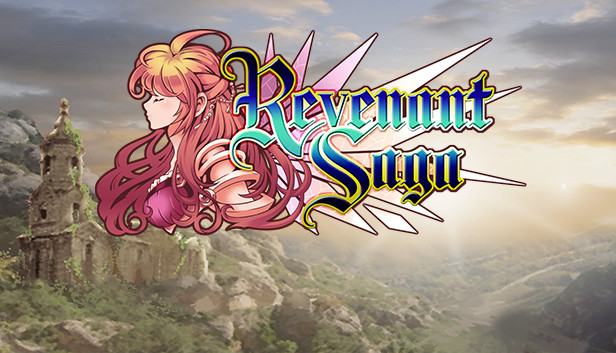 Stylised 'Revenant Saga' logo with profile of long‑haired female character over misty ruined tower and sunlit fantasy valley
