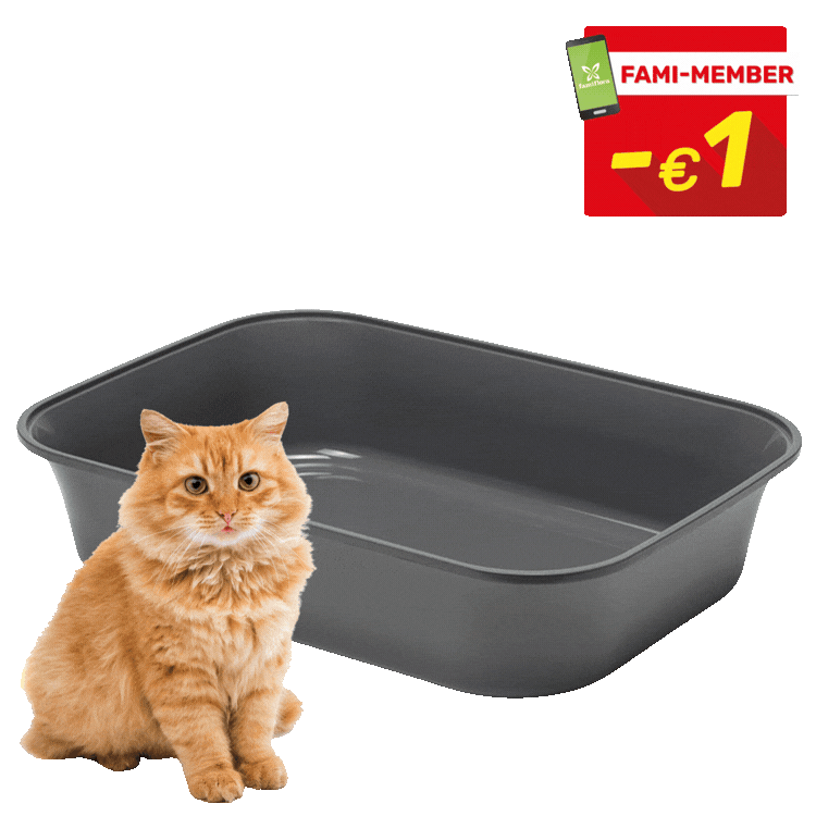 Three grey rectangular cat litter trays, each with an orange long-haired cat and red 'Fami-Member -€1' discount tags