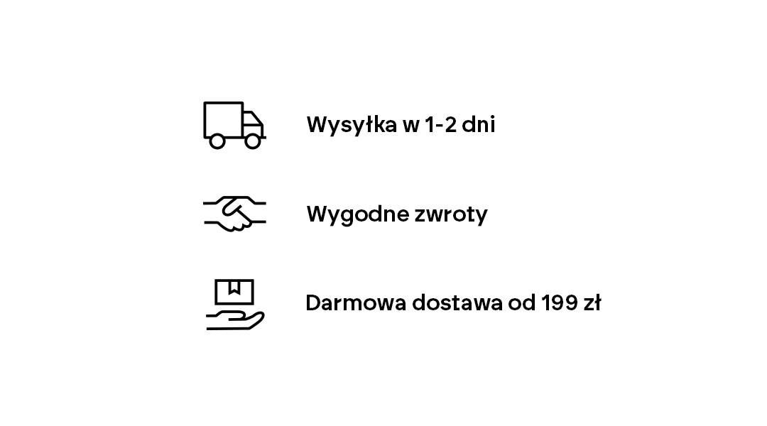 Three icons with text: truck 'Delivery in 1–2 days', handshake 'Easy returns', hand with parcel 'Free delivery from 199 zł'