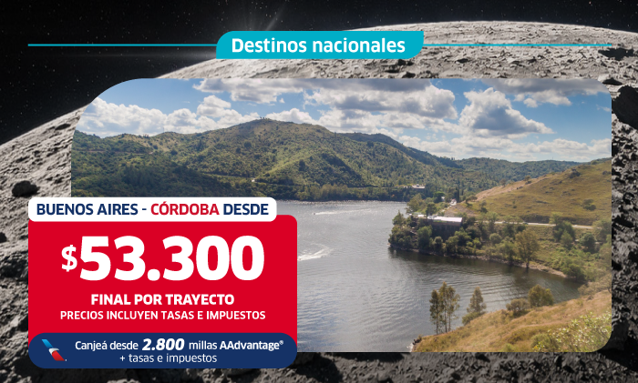 Promotional banner: Buenos Aires to Córdoba domestic travel — scenic lake and hills with final fare $53,300 per trip