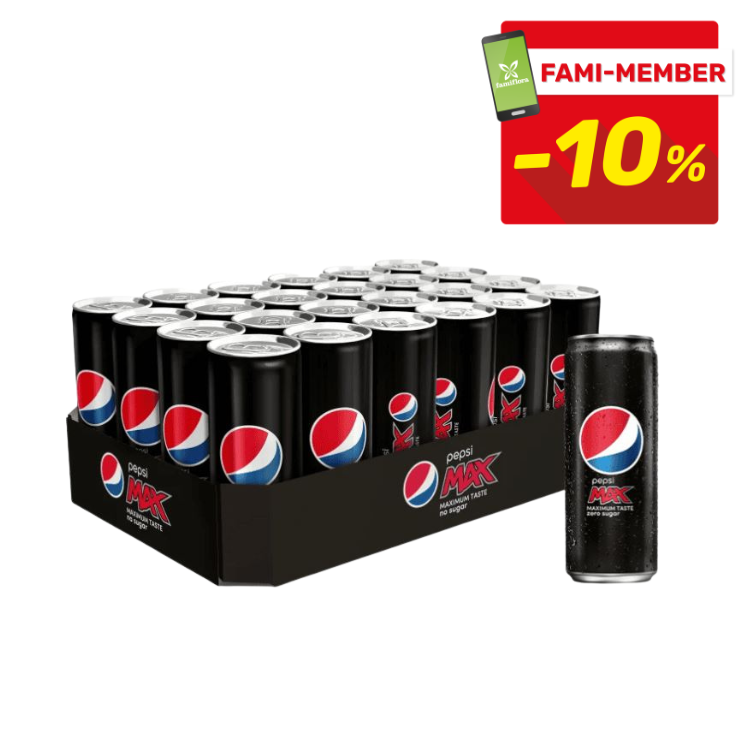 Tray of 24 black Pepsi Max cans with one can upright and red 'FAMI-MEMBER -10%' discount badge