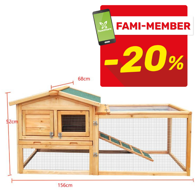 Wooden outdoor rabbit hutch with attached run and ramp, 156 x 68 x 52 cm dimensions shown, Fami-Member 20% off badge