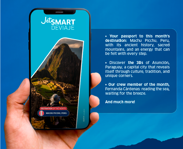 Hand holding smartphone displaying JetSMART Deviaje app with Machu Picchu photo and a travel highlights panel