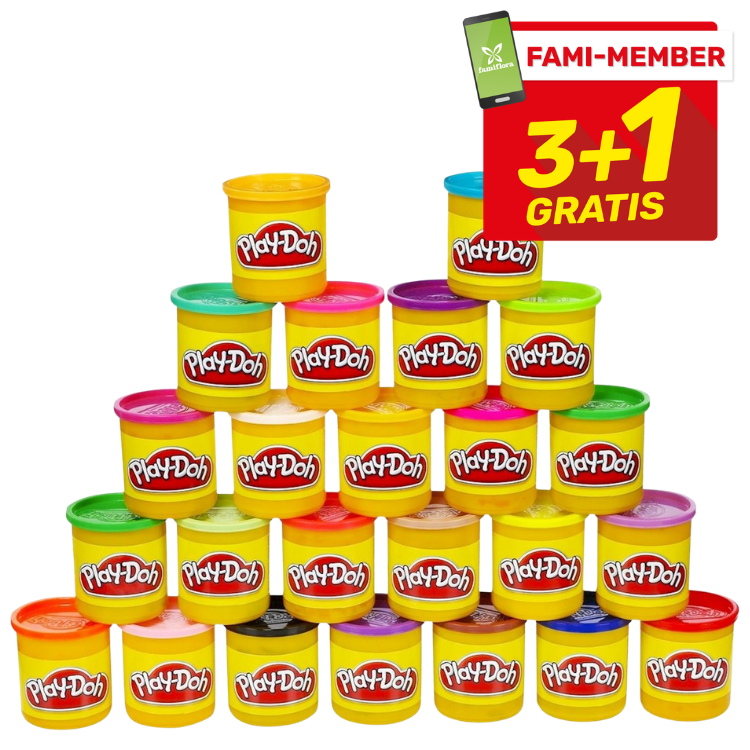 Stacked pyramid of colourful Play‑Doh tubs with assorted lids and a FAMI‑MEMBER "3+1 Gratis" promotional badge
