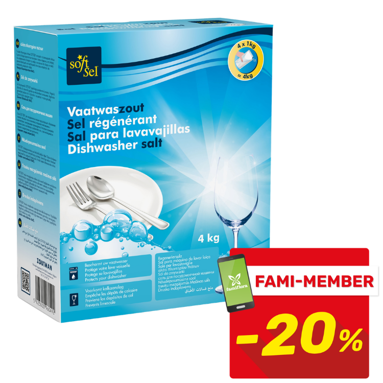Box of Soft Sel dishwasher salt 4 kg showing plate, wine glass and water bubbles, with red FAMI‑MEMBER -20% discount badge