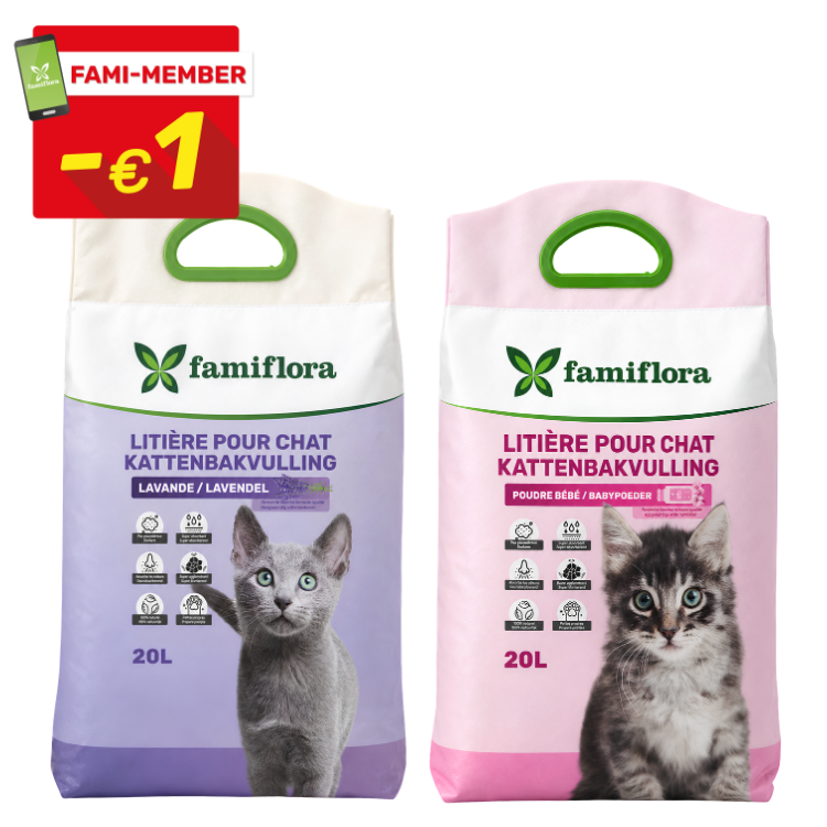 Two Famiflora 20L cat litter bags — lavender (purple) and baby‑powder (pink) — showing kittens and Fami‑Member -€1 discount badge