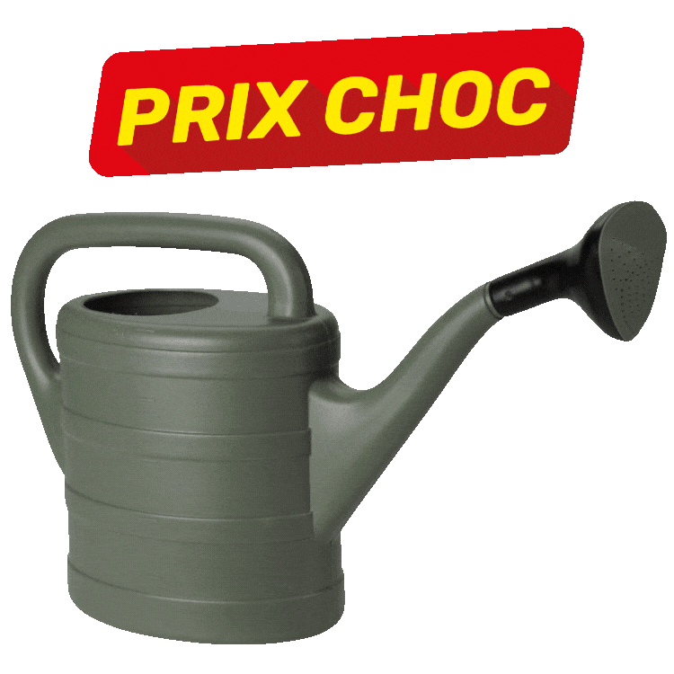 Three plastic garden watering cans (green, yellow, red) with 'PRIX CHOC' sale labels, angled spouts for watering plants