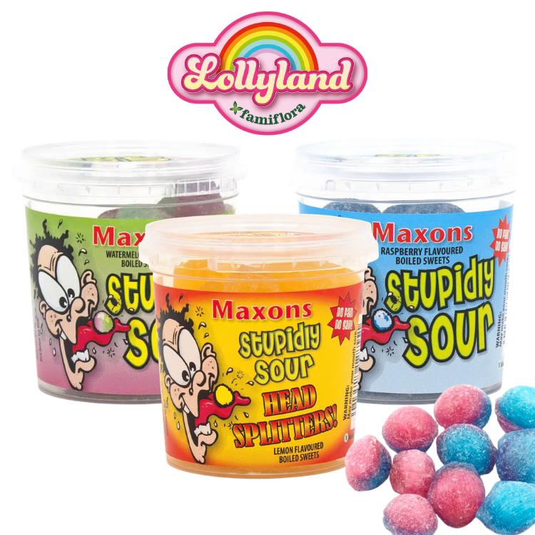 Lollyland logo above three tubs of Maxons 'Stupidly Sour' boiled sweets (lemon, watermelon, raspberry) and pink-blue sour balls