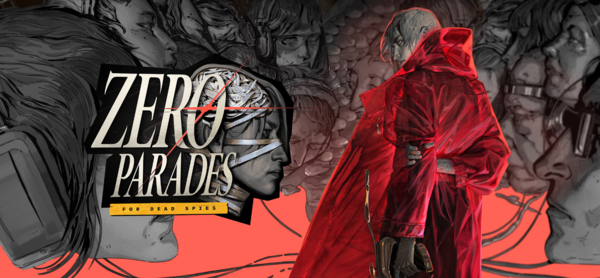 Zero Parades game cover: masked profile and red‑cloaked spy holding a pistol against a monochrome crowd with cables