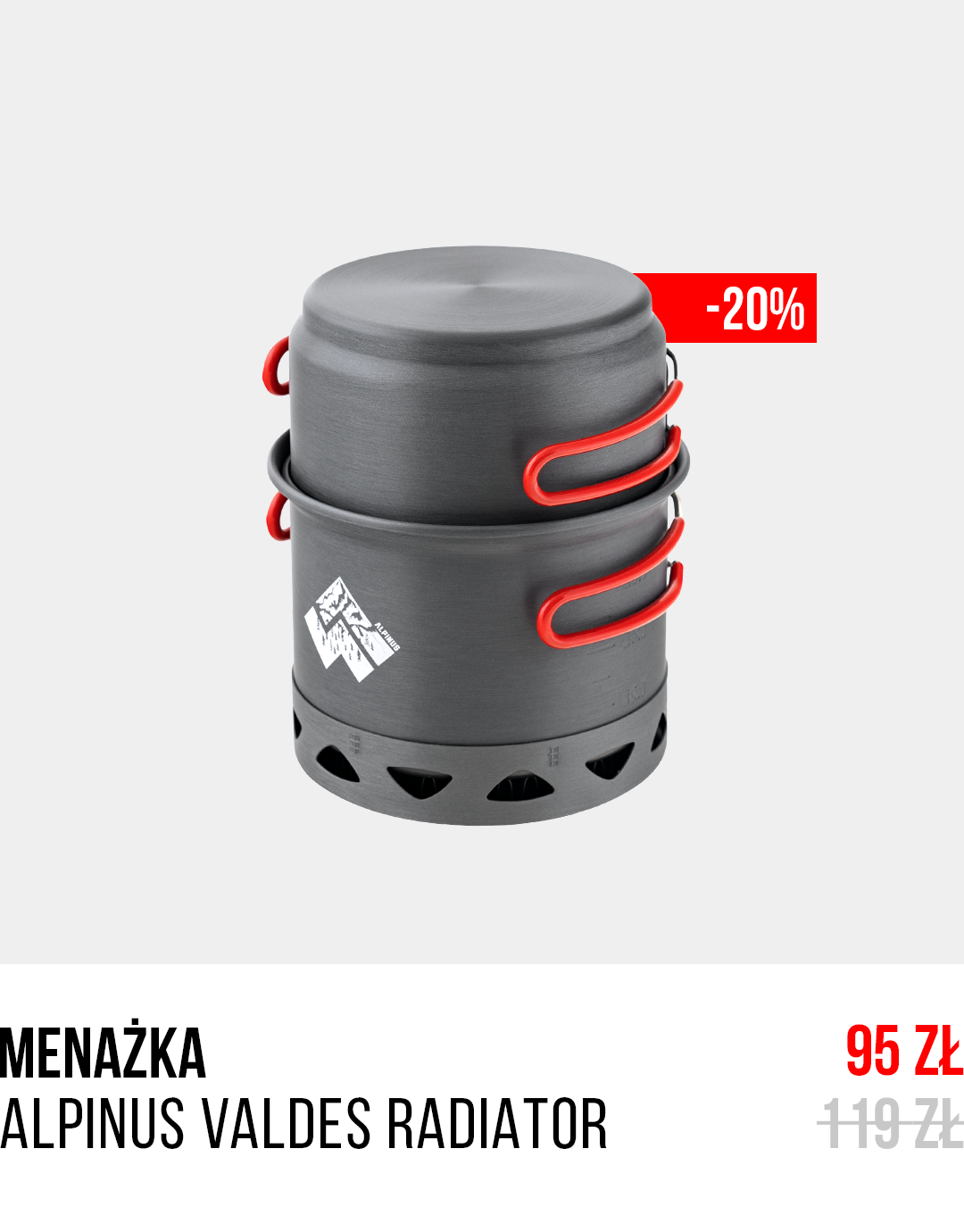 Alpinus Valdes Radiator camping stove pot set, dark grey with red foldable handles and '-20%' discount tag