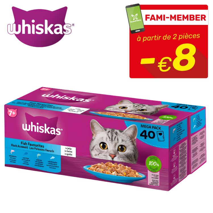 Whiskas Fish Favourites mega pack 40 pouches in jelly, purple box with cat image and FAMI-MEMBER €8 discount promo