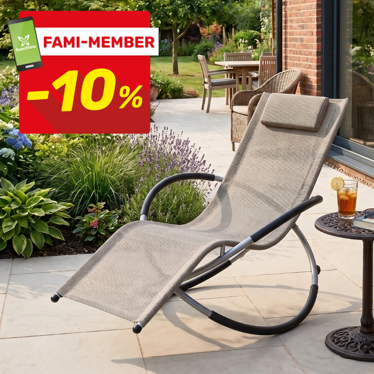 Outdoor rocking lounge chair on a sunny garden patio with iced tea on side table, lavender and foliage; Fami-Member -10% badge