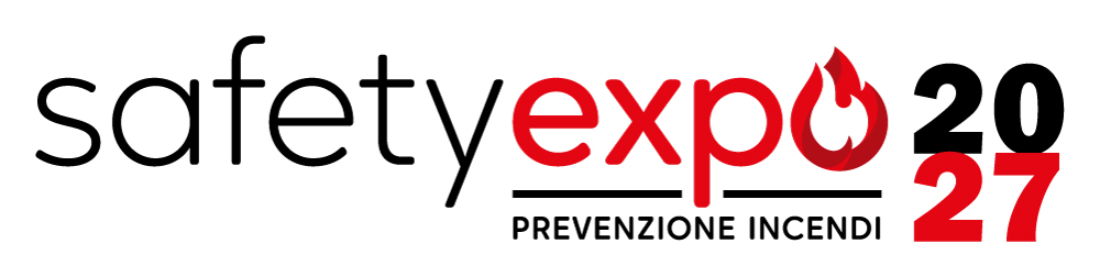 SafetyExpo logo with red flame icon and Italian tagline 'Prevenzione Incendi'