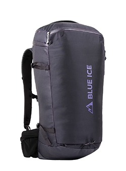 Blue Ice grey technical climbing rucksack with vertical logo, side view on white background