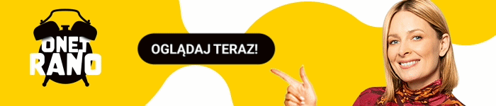 Baner z powtarzalnym logo "One Rano", uśmiechniętą kobietą wskazującą palcem i przyciskiem "Oglądaj teraz" na żółtym tle