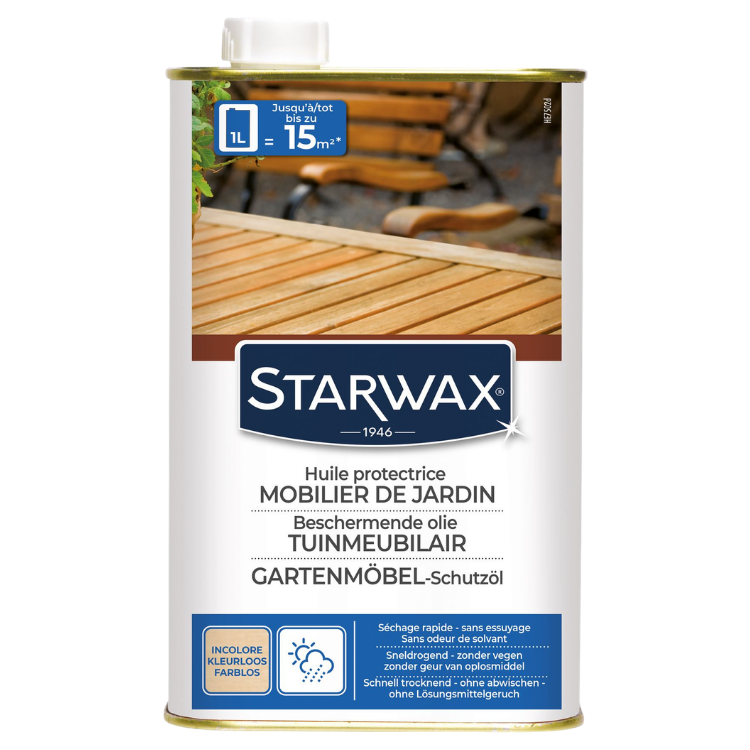 Starwax protective oil for garden furniture — 1L tin, colourless clear finish for wooden outdoor furniture, fast-drying