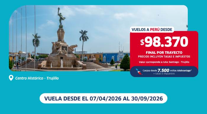 Plaza and fountain in Trujillo historic centre with red flight deal box: flights to Peru from $98,370, travel Apr–Sep 2026