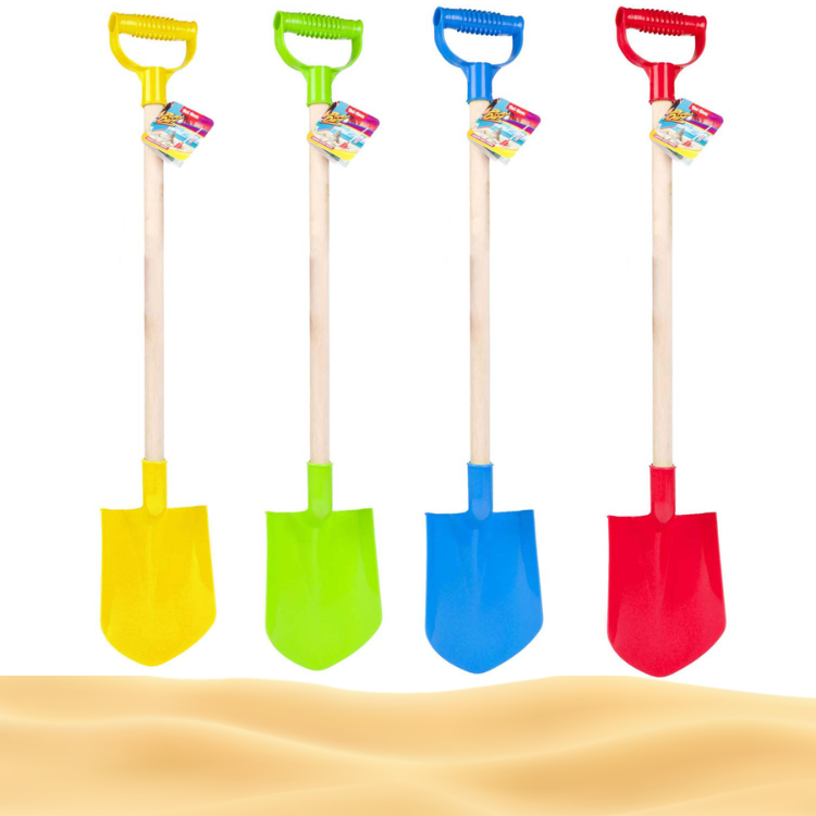 Four children's beach spades with wooden handles and D-grips in yellow, green, blue and red standing above sand