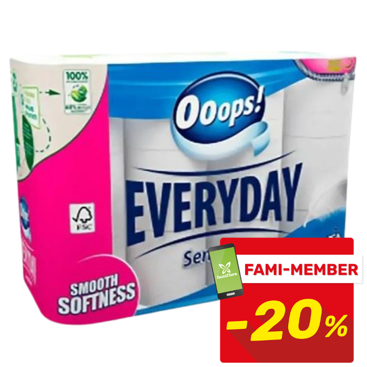 Pack of Oops! Everyday toilet tissue multi-roll, 'smooth softness' packaging with red Fami‑member -20% discount badge