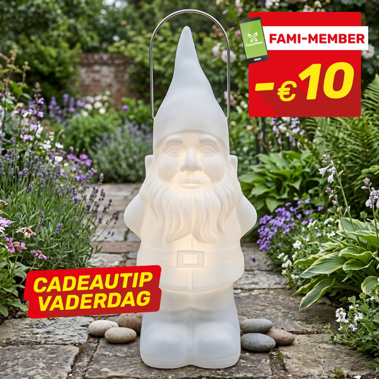 Illuminated garden gnome lamp with handle on a stone path surrounded by lavender and green foliage, red promotional discount badge top-right