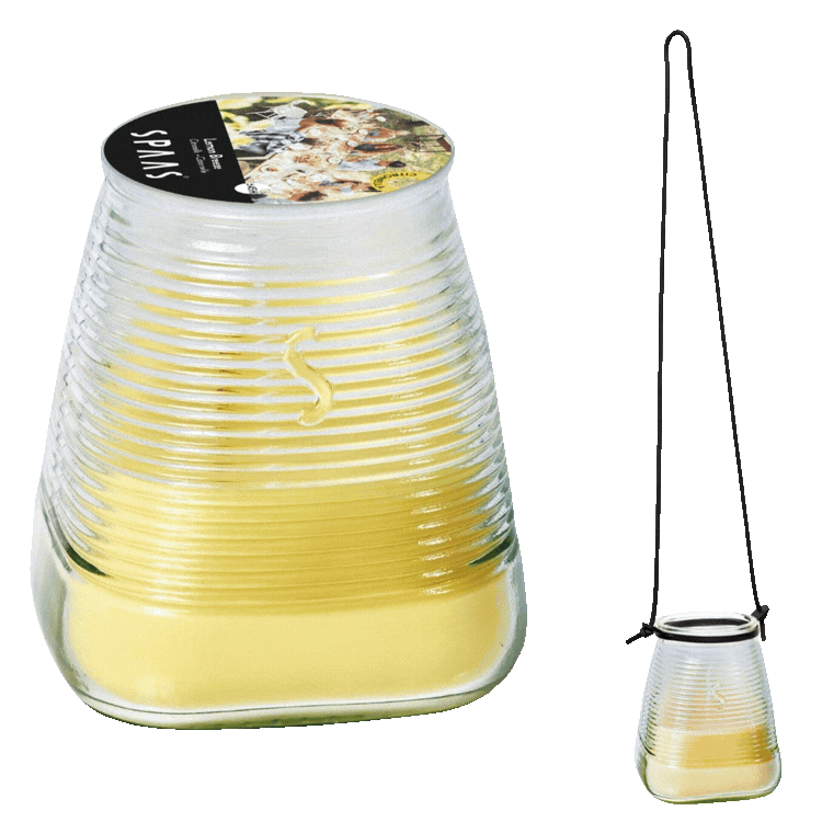 Ribbed glass jar candles in yellow and white wax, shown as stacked jars and hanging lantern-style with black cord