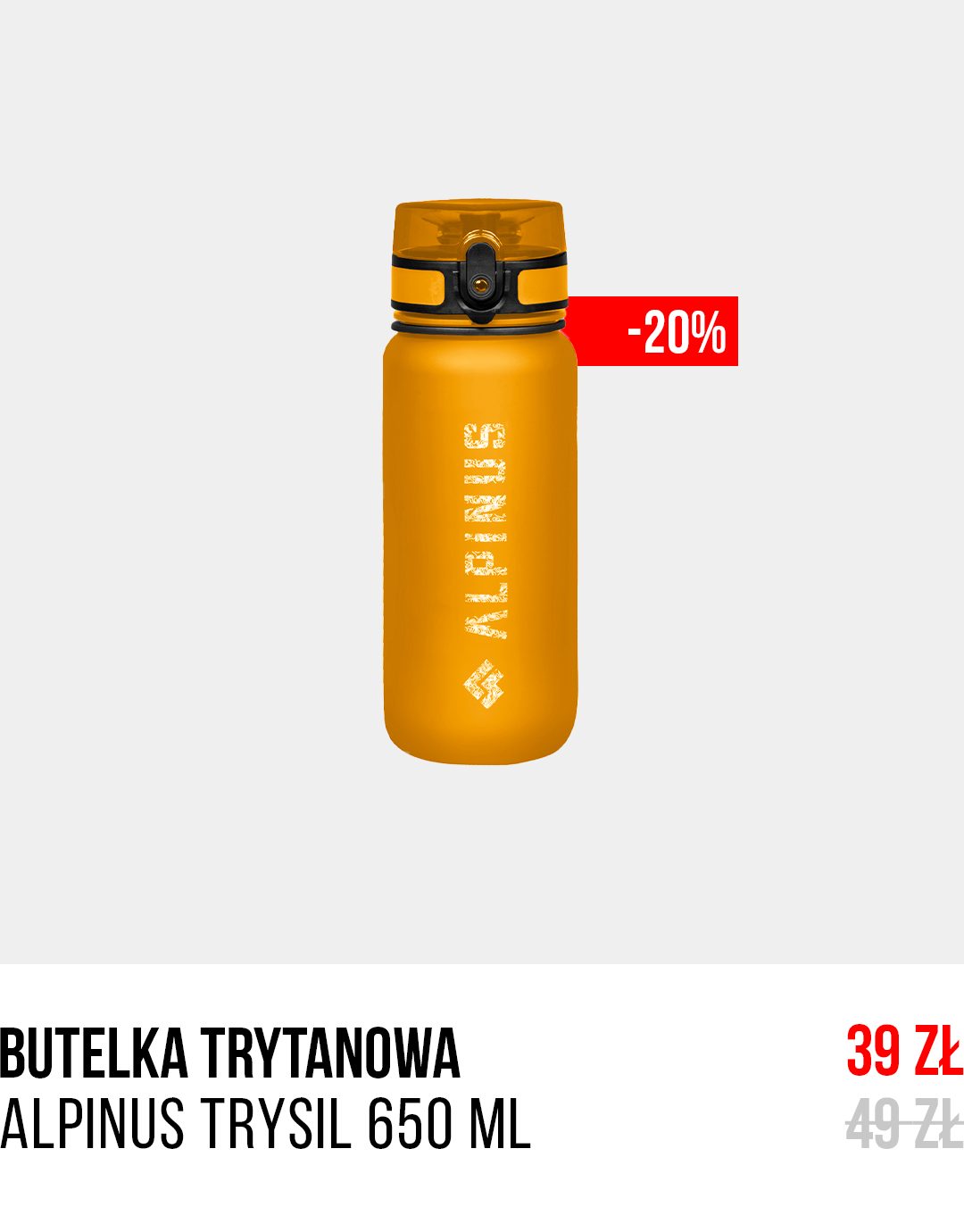 Orange Alpinus Trysil 650 ml tritan water bottle with flip-top lid and -20% red discount tag, product shot on white background