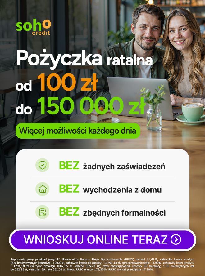 Smiling woman with smartphone beside Soho Credit ad for quick instalment loans up to 150,000 zł, 0% fee and 100% online process