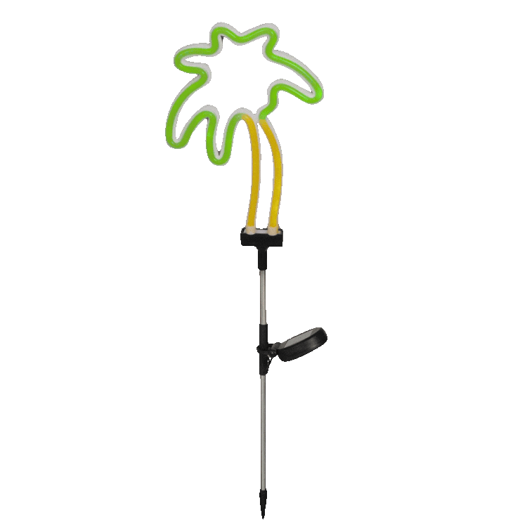 Nine colourful neon garden stake lights on white background: palm, cactus, flamingo, pineapple, heart, tulip and two butterflies