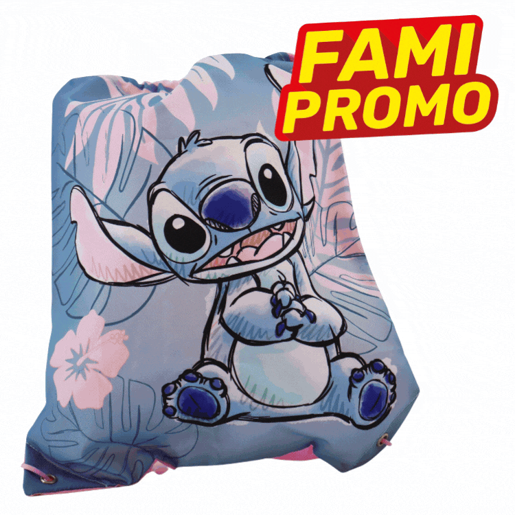 Set of four kids' drawstring bags with Stitch, Spider-Man and Paw Patrol cartoon prints and colourful Fami Promo labels