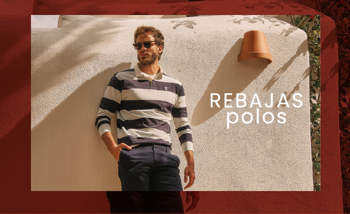 Rebajas polos - banner con imagen de polo de manga larga en color celeste y marino con modelo - La Garrocha