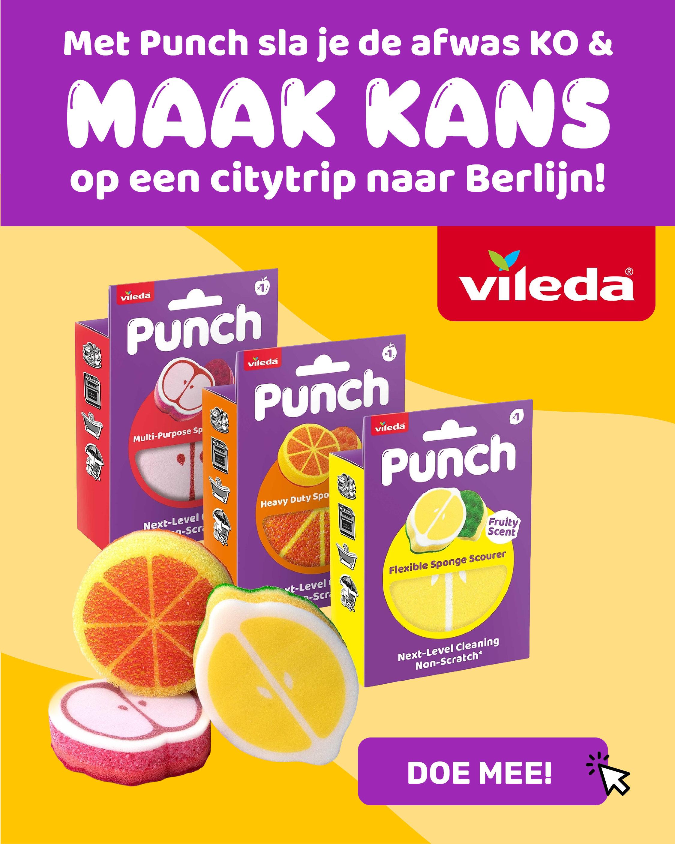 Vileda Punch promotional poster showing fruit-shaped dish sponges (lemon, orange, apple) packaged with Berlin trip giveaway.